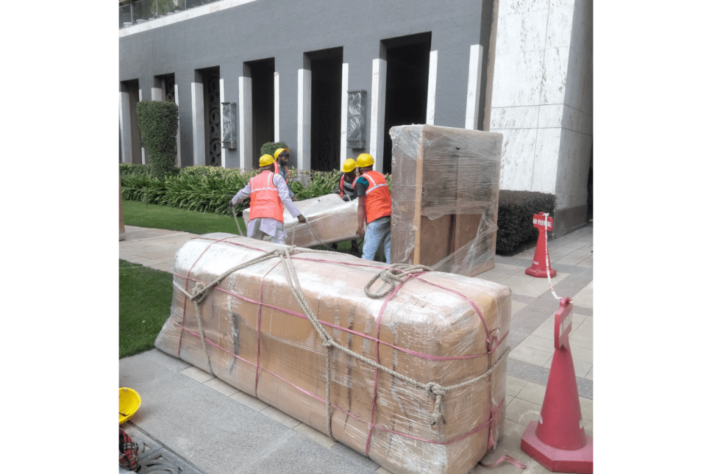 Professional movers packing household items